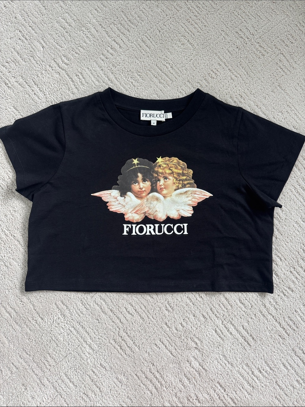 Fiorucci Black Cropped Tee with Angel Print NWOT